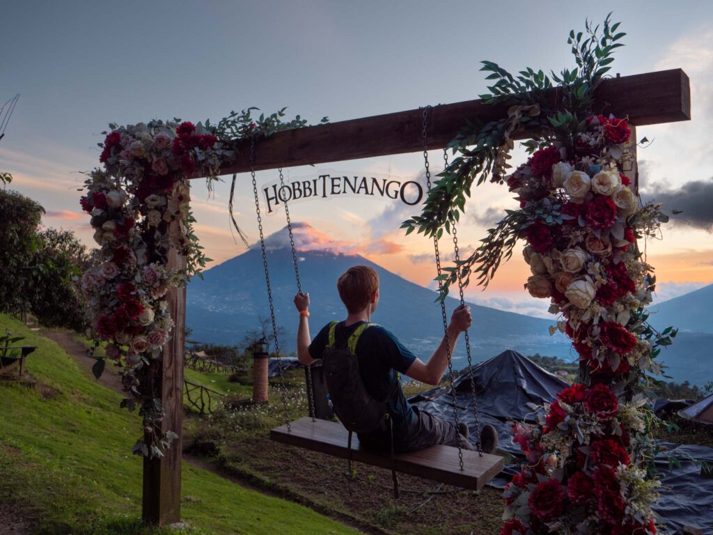 a person sitting on a swing under flowers