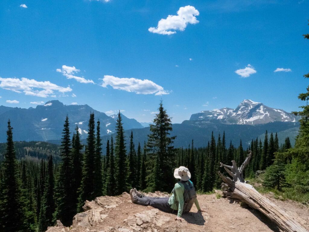 a person sitting on a rock with trees and mountains in the background