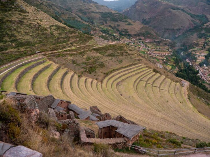 Ruins of Pisac farming terraces near Cusco Peru