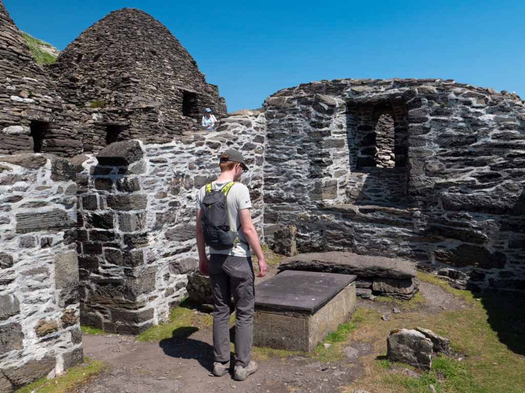 Man viewing Skellig Michael Ruins