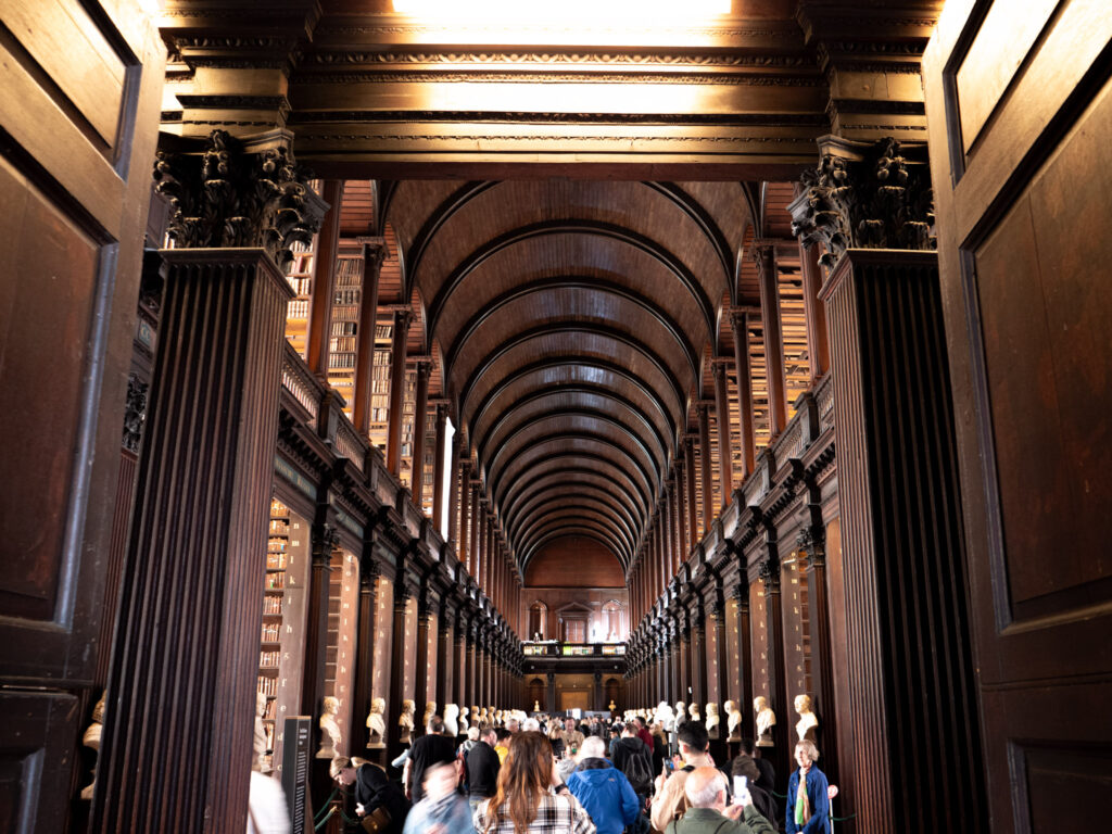 Massive library with brown wooden pillars