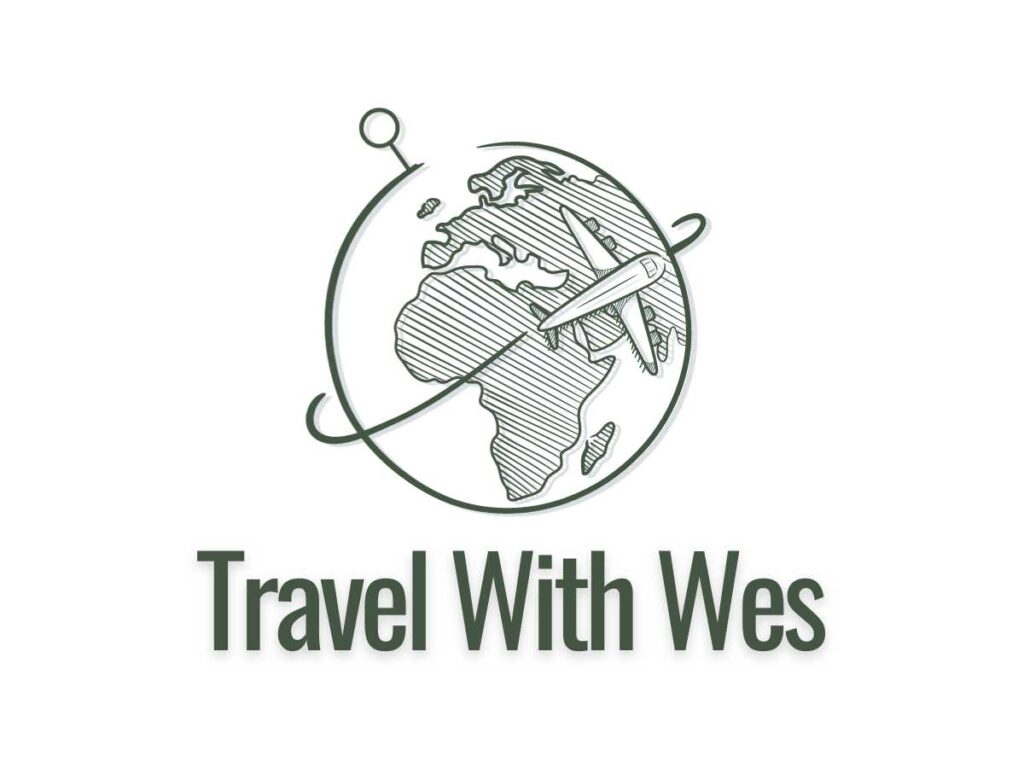 Travel With Wes logo in olive green with globe and airplane graphics
