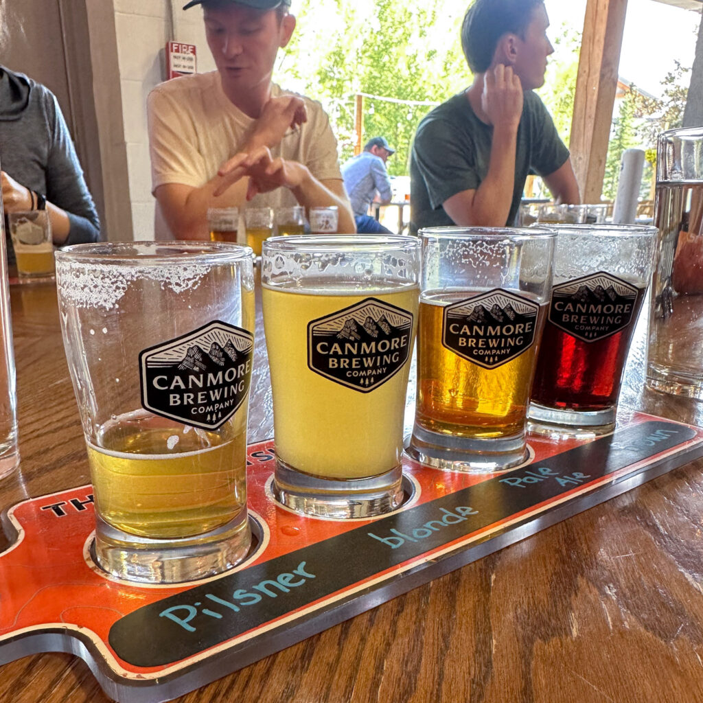 Flight of beers at Canmore Brewing in Alberta Canada