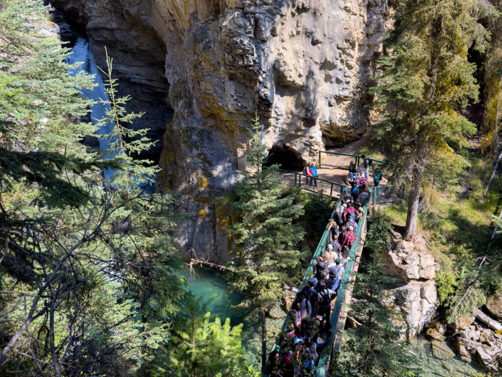 Johnston Canyon Lower Falls during a crowded afternoon