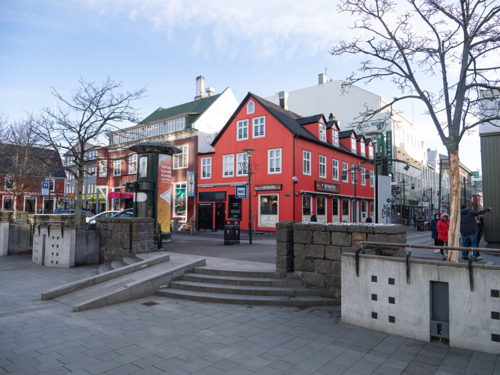 Vibrant red building at Ingolfur Square in Reykjavik