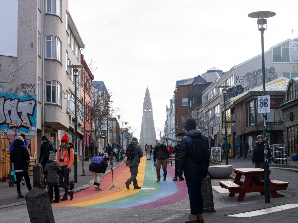 Rainbow Road in Reykjavik leading to the Cathedral