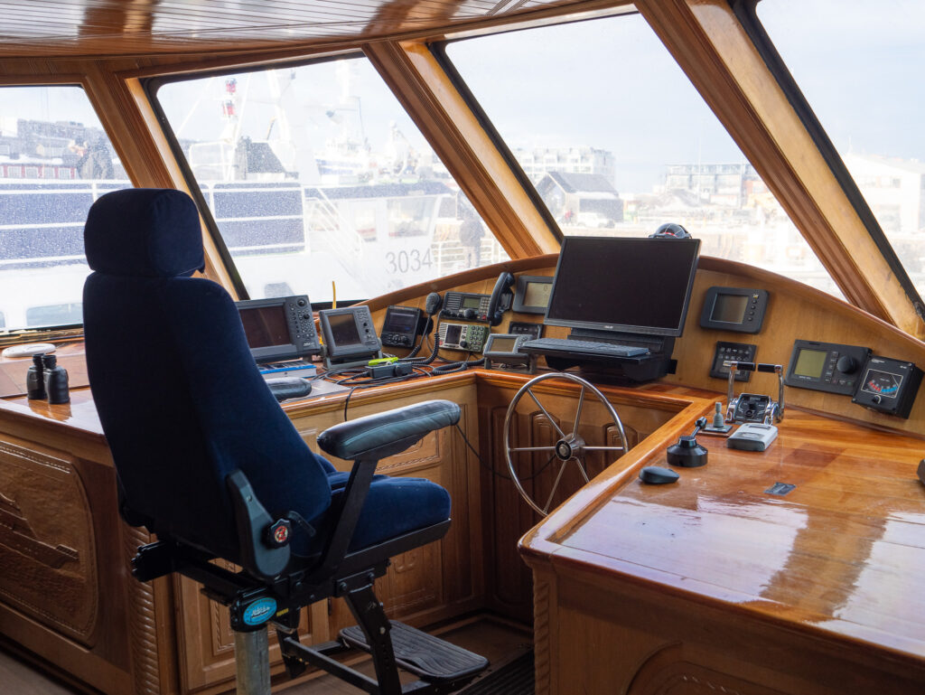 Captain's seat aboard the Amelia Rose Whale Watching Vessel