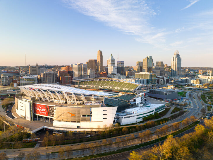 Aerial image of the Bengals stadium and Cincinnati skyline