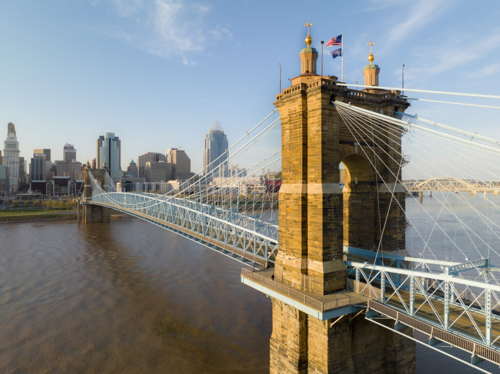 Views of Downtown Cincinnati with the Roebling Bridge in focus
