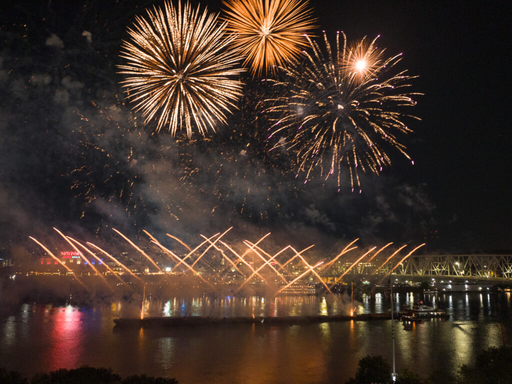 WEBN Riverfest fireworks display over Cincinnati at night
