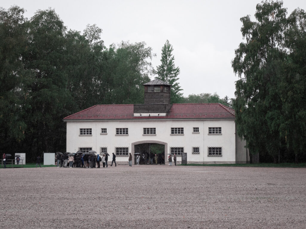 a group of people standing in front of a building