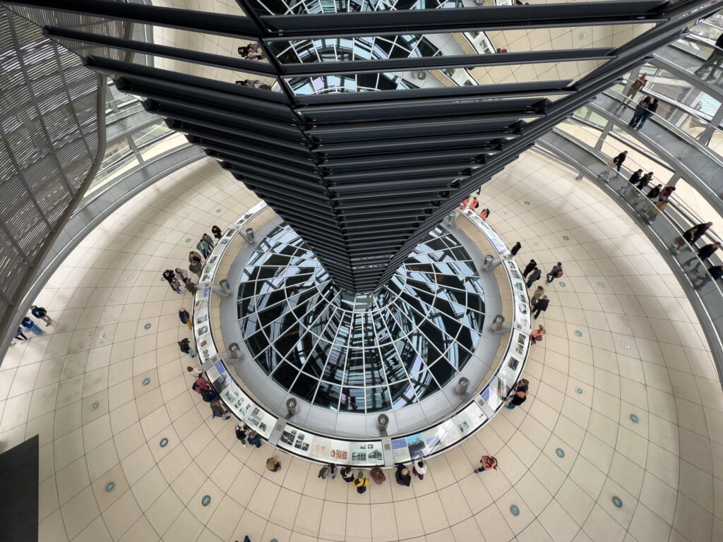 a large glass dome with people standing around